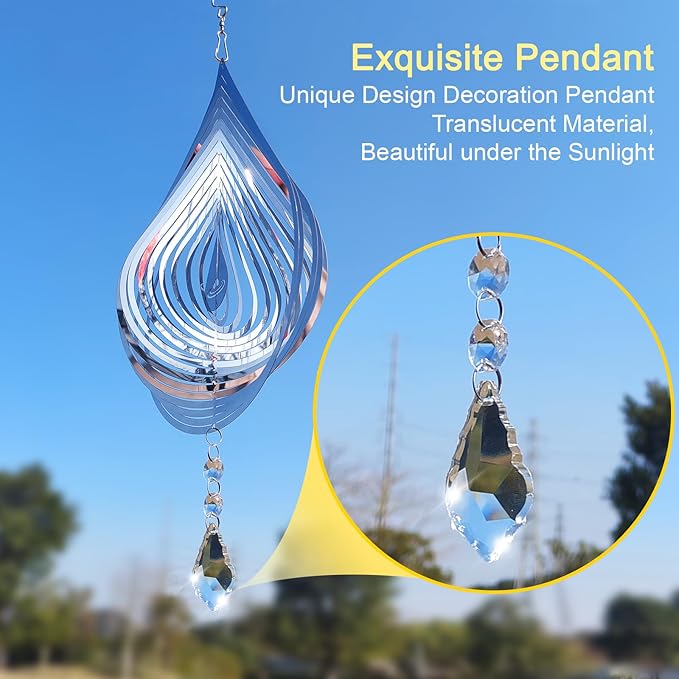 2PCS Wind Spinner 3D Stainless Steel Metal Sculptures Decorations, Water Droplets Wind Sculptures & Spinners, Outdoor Hanging Garden Decoration, Bird Devices Deterrent for Outside to Scare Birds Away