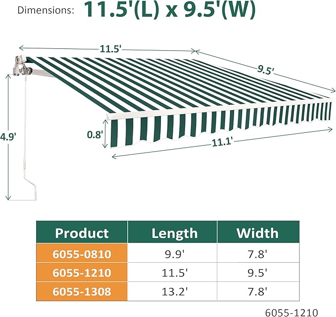 MCombo 11.5x9.5 Feet Manual Retractable Patio Door Window Awning Sunshade Shelter Outdoor Canopy, 1210 (Green with White Stripes, 11.5'(L) x 9.5'(W))