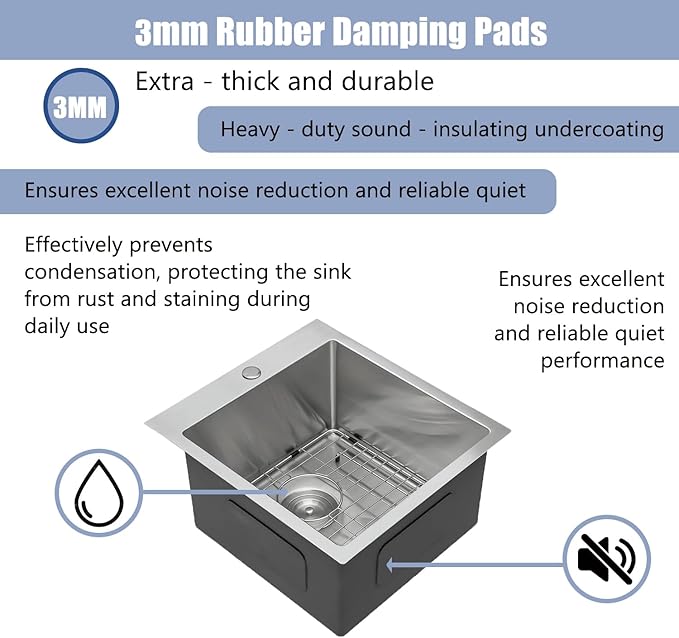 18x18 Inch Bar Sink Drop In Kitchen Sink, Topmount Stainless Steel Square Small Workstation Sinks, Single Bowl Kitchen Sinks for Laundry Wet Bar Prep RV Office Outdoor Yard