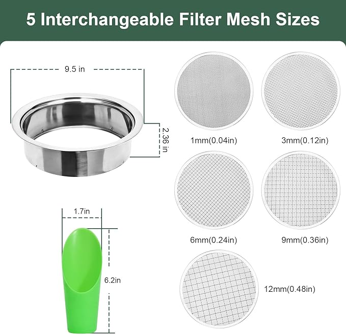 Soil Sieve Set Garden Soil Sifter Stainless Steel Mesh Sifter,Compost Sifter with 1,3,6,9,12mm Sieve Mesh and Bonsai Soil Scoop