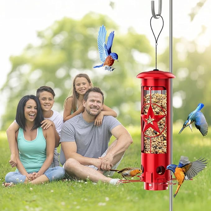 Squirrel Proof Bird Feeders for Outdoors Hanging, Metal Squirrel Proof Bird Feeder with Gravity Protection, 3LB Large Capacity Wild Bird Feeders for Outside Finch, Cardinal, Blue Jay (Red)