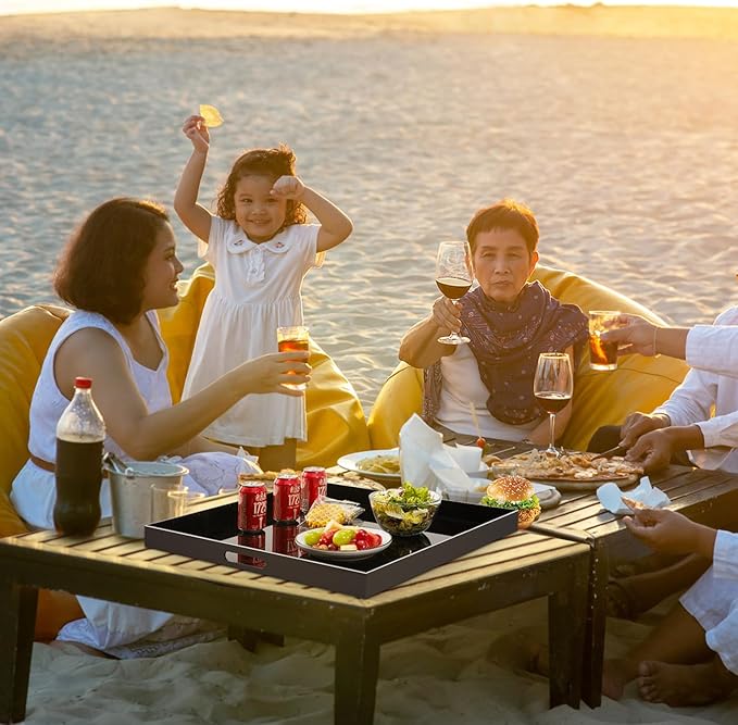 18×18 inches Oversized Black Acrylic Ottoman Tray Extra Large Decorative Tray Spill-Proof Serving Trays with Handles King-Size Safe Edge Organizer for Coffee Table Countertop Breakfast