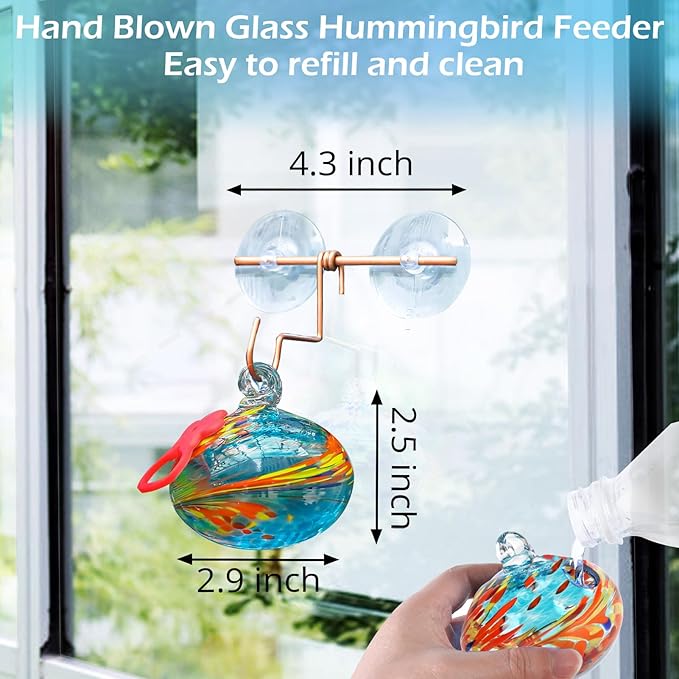 Window Hummingbird Feeder with Suction Cups,Hand-Blown Glass Hummingbird Feeders for Outdoors Window Mounted with Metal Hook,Close Bird Watching,Finch in Garden,Yard(Blue)
