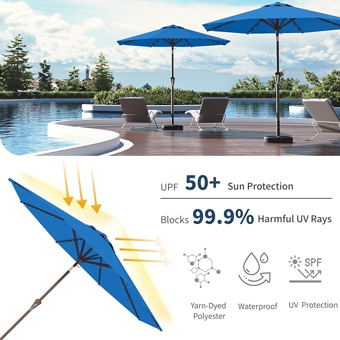 10FT Solar Umbrella 32 LED Lighted Patio Umbrella Table Market Umbrella w/Tilt and Crank, UV-Resistant Outdoor Umbrella for Pool, Garden, Deck, Royal Blue