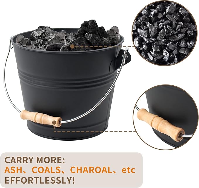Poofzy Ash Bucket with Lid and Shovel, 1.3 Gallon Fireplace Bucket for Ashes, Includes Hand Broom and Gloves for Fire Pit, Wood Burning Stove and Grill