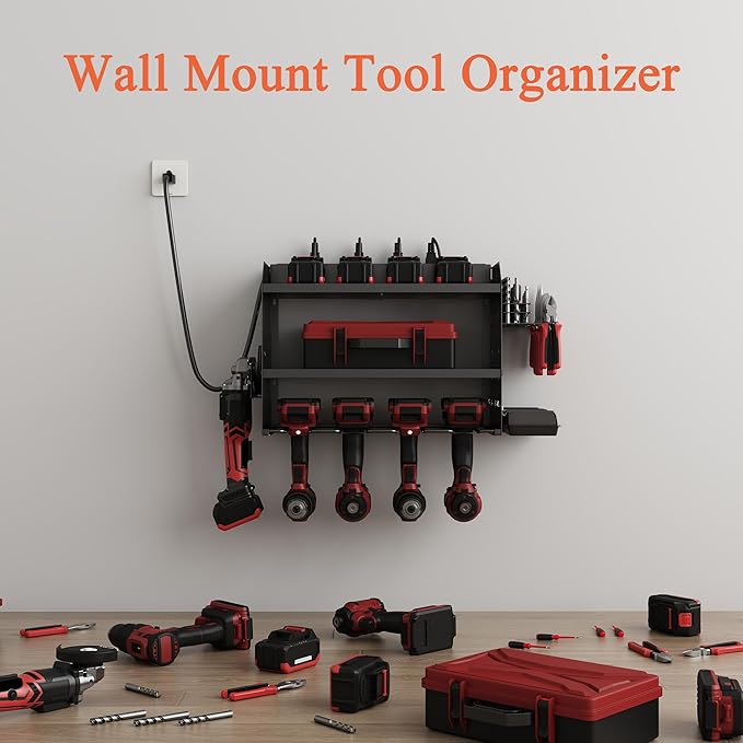 Power Tool Charging Station, Garage 4 Drill Power Tool Wall Organizer, Metal Hand Tool Storage Rack, Utility Racks, Cordless Drill and Battery Holder for Garage Organization, Gifts for Men Dad Husband