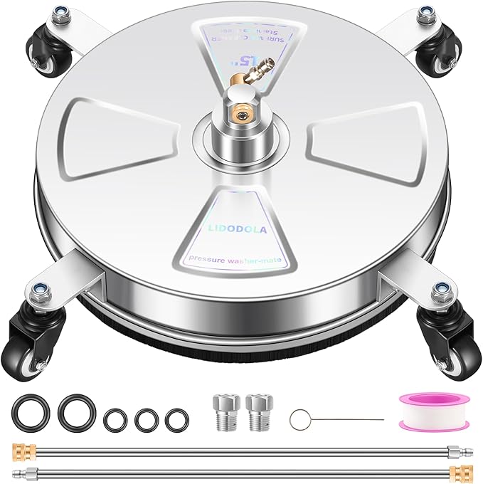 15" Pressure Washer Surface Cleaner with 4 Wheels - Stainless Steel Surface Cleaner for Pressure Washer Attachment for Concrete, Patio, Sidewalk, Deck, Driveways and Daily Washing - PWS 15