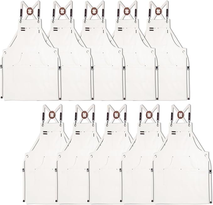 10 Pack Kitchen Aprons, Work Apron, Canvas, Multiple Pockets, Gardening, Painting, BBQ, Artist, Carpenter, Sizes M to XXL, White