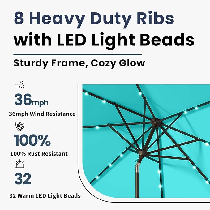 10FT Solar Umbrella 32 LED Lighted Patio Umbrella Table Market Umbrella w/Tilt and Crank, UV-Resistant Outdoor Umbrella for Pool, Garden, Deck, Aqua Blue