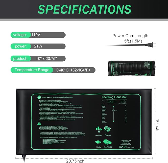 ROCEEI 8 Pack Seedling Heat Mat Bulk, 10" x 20.75" Heat Mats for Seed Starting Plant Heating Mat Grow Mats Waterproof Hydroponic Heating Pad Warm Seed for Greenhouse Plants Germination Grow