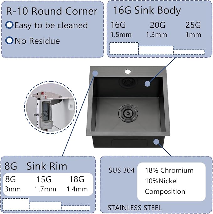 18x18 Inch Black Bar Sink Drop In, Topmount Stainless Steel Kitchen Sink, Square Small Kitchen Sinks, Single Bowl Kitchen Sinks for Laundry Wet Bar Prep RV Office Outdoor Yard