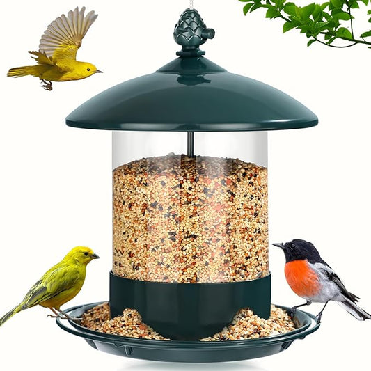 Metal Bird Feeders for Outdoors Hanging, 1.8 Lb Capacity Weather Resistant Wild Bird Feeder with 360 Degree Feeding Tray, Green