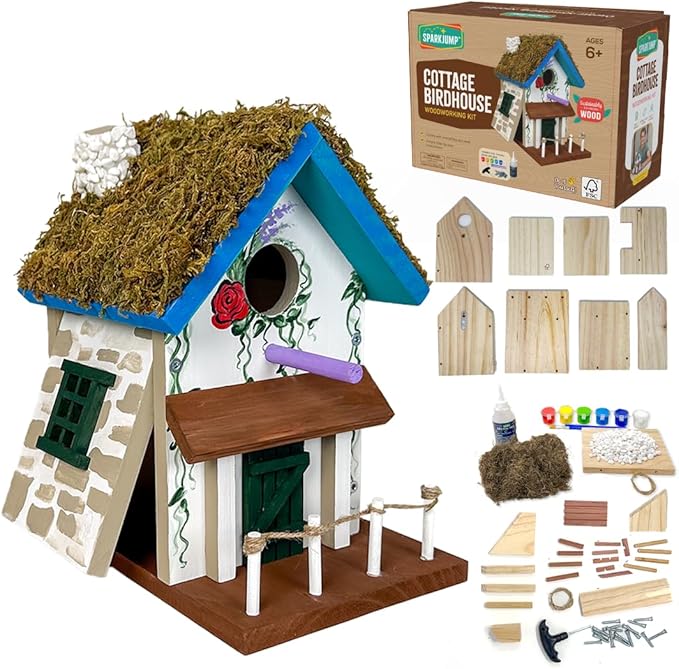 SparkJump Cottage Birdhouse Kit - Easy DIY Bird House for Outdoors, Cedar Roof & Front Porch, Natural Stones, FSC Certified Wood, Fun Family Crafting Project