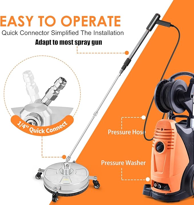 16" Pressure Washer Surface Cleaner, Stainless Steel Power Pressure Washer Attachment for Concrete, Driveway, Patio, Deck Cleaning, with 4 Wheels, 1/4" Quick Connect, 2 Extension Wand, 4000PSI