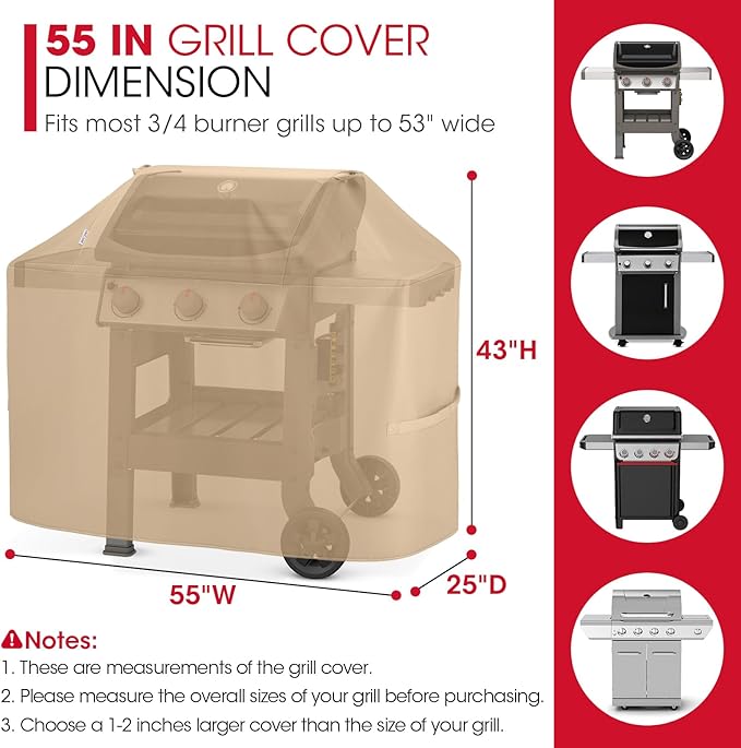 Unicook Grill Cover for Outdoor Grill 55 Inch, Heavy Duty Waterproof BBQ Cover for Outside, Compatible with Weber Char-Broil Nexgrill 3-4 Burner Gas Grills, All Weather Protection, Light Brown