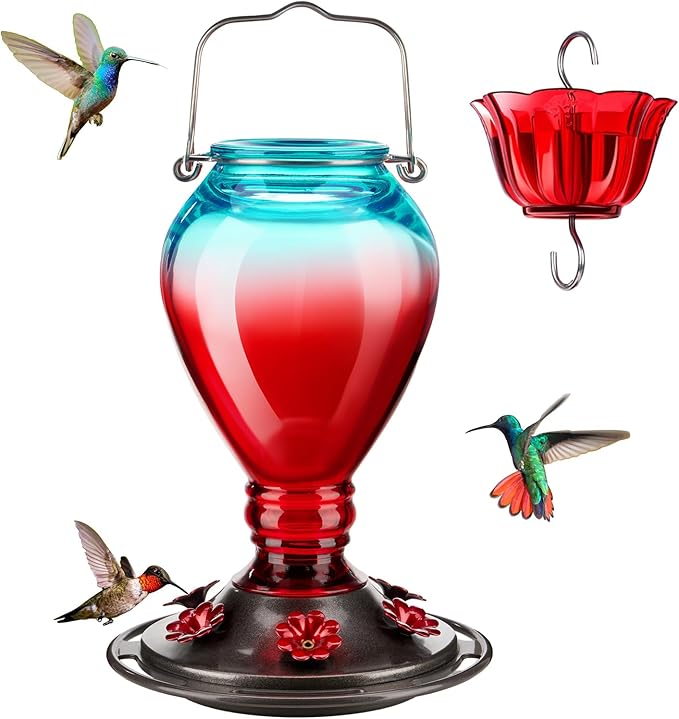 Kingsyard Glass Hummingbird Feeder - 6 Bee Guard Feeding Ports & Ant Moat, 24 oz Leak Proof, Wild Bird Feeder for Outdoors Hanging, Easy to Clean & Refill, Garden Yard Décor, Red & Blue
