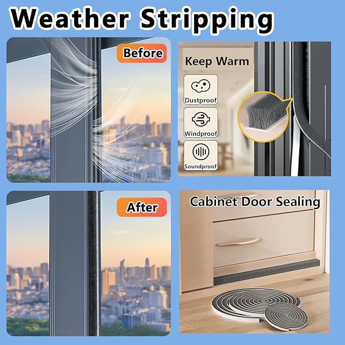 2Pack Weatherstripping Sealing Strip, Self Adhesive Door Window Weather Stripping,33FT Door Window Sealing for Weatherproofing Grey