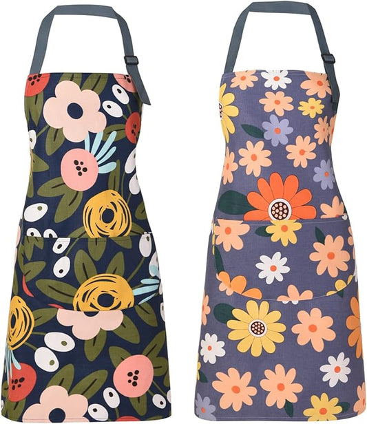 2 Pack Floral Apron for Women with Pockets, Adjustable Cotton Chef Aprons for Kitchen, Cooking, BBQ & Grill