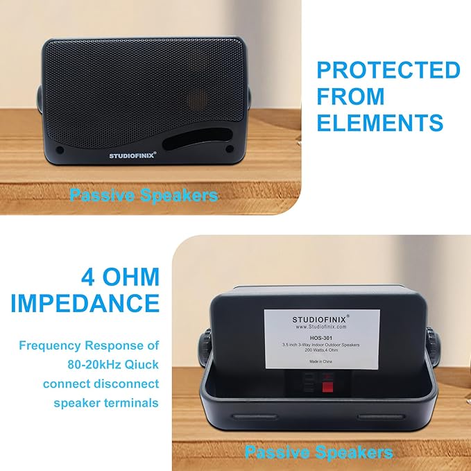 STUDIOFINIX Passive Outdoor Speakers Wired Waterproof -3.5 Inch 3 Way 200W Surface Marine & Wall Mount Speakers, Ideal for Home, Boat, Poolside, Patio, Indoor Outdoor Use（Black