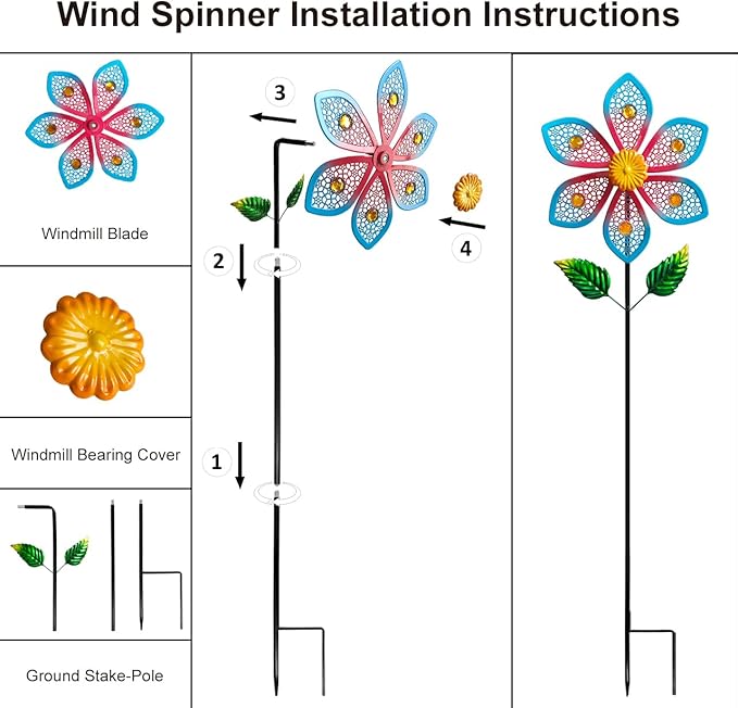 2 Pack Metal Wind Spinners for Garden Decor - Outdoor Windmill Sculptures, Durable Yard Art Wind Spinners Metal Wind Spinner for Patio Lawn Ornament, Vibrant Red & Blue Garden Spinners