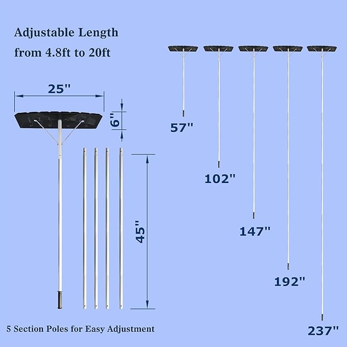20 Feet Snow Roof Rake, 25 Inch Black Poly Blade and Aluminium Handle, Snow Rake Telescoping Snow Removal Tool