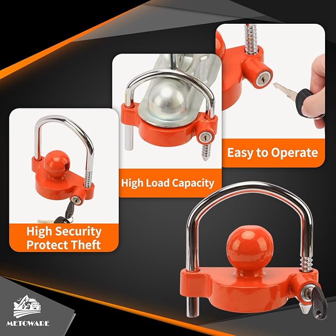 METOWARE Trailer Coupler Lock Universal Adjustable Heavy-Duty Steel Trailer Hitch Lock, Anti Theft Trailer Ball Lock Towing Lock for Towing Trailer Security Fits 1-7/8",2”, 2-5/16" Coupler Orange