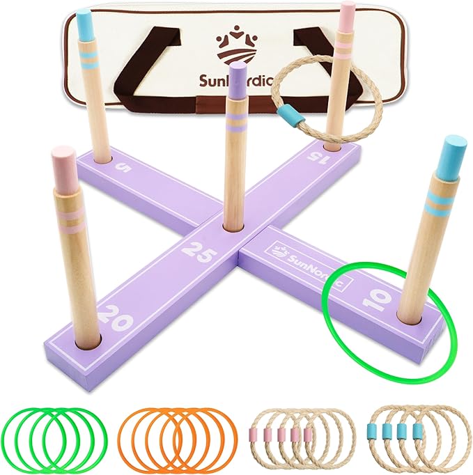 Wooden Ring Toss Game Set, Backyard Beach Camping Game with Toss Rings & Portable Carrying Bag, Outdoor Lawn & Yard Games for Kids, Adults & Family