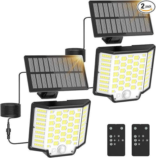 Solar Flood Lights Outdoor Waterproof, 2-Pack 186 LED Solar Wall Light Outside 2500LM, 3 Modes Remote Control with Motion Sensor, Dusk to Dawn Luces Solares, IP65 for Yard, Patio, Garden, Garage