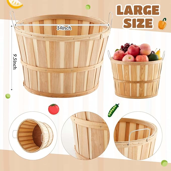 Marsui 6 Pcs Jumbo Half Bushel Baskets - Large Round Wooden Apple Basket With Handles 14 x 9.5 in - Handcrafted Produce for Farmers Market, Fall Harvest, Fruit, Personal or Commercial Use