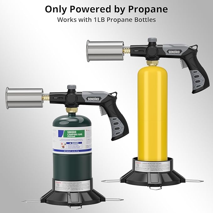 Sondiko Powerful Grill & Cooking Propane Torch L8010 with Gas Cylinder Stand Base, Sous Vide, Campfire Starter, Adjustable Wood Torch Burner for Searing Steak, BBQ, Welding (Propane Tank Not Included)