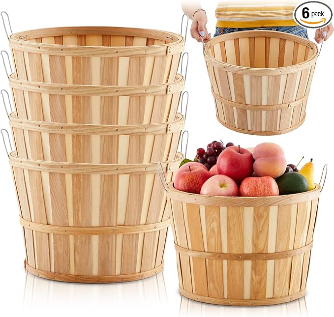 Marsui 6 Pcs Jumbo Half Bushel Baskets - Large Round Wooden Apple Basket With Handles 14 x 9.5 in - Handcrafted Produce for Farmers Market, Fall Harvest, Fruit, Personal or Commercial Use