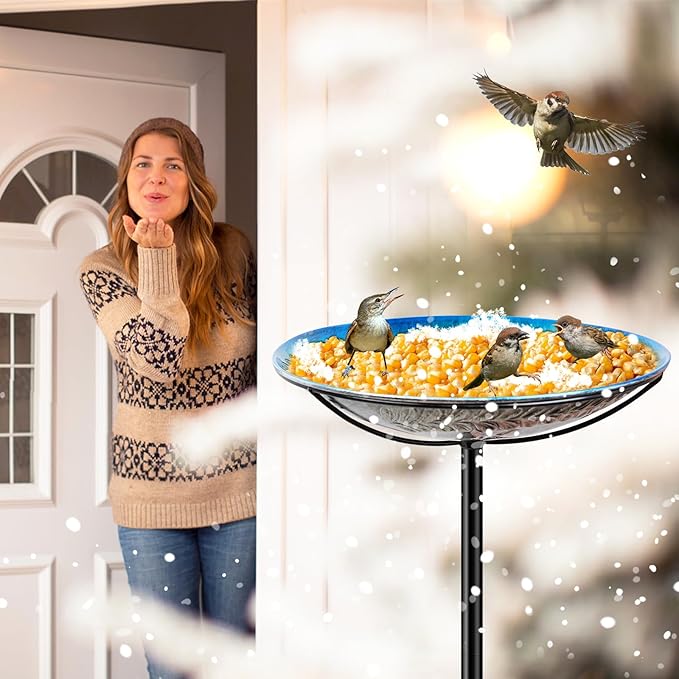 Metal Bird Bath for Outside Feeder Bowl, Detachable Birdbath & Birdfeeder with Base Stake, Vintage Bird Baths for Outdoors Garden Yard Lawn Decor (Blue)