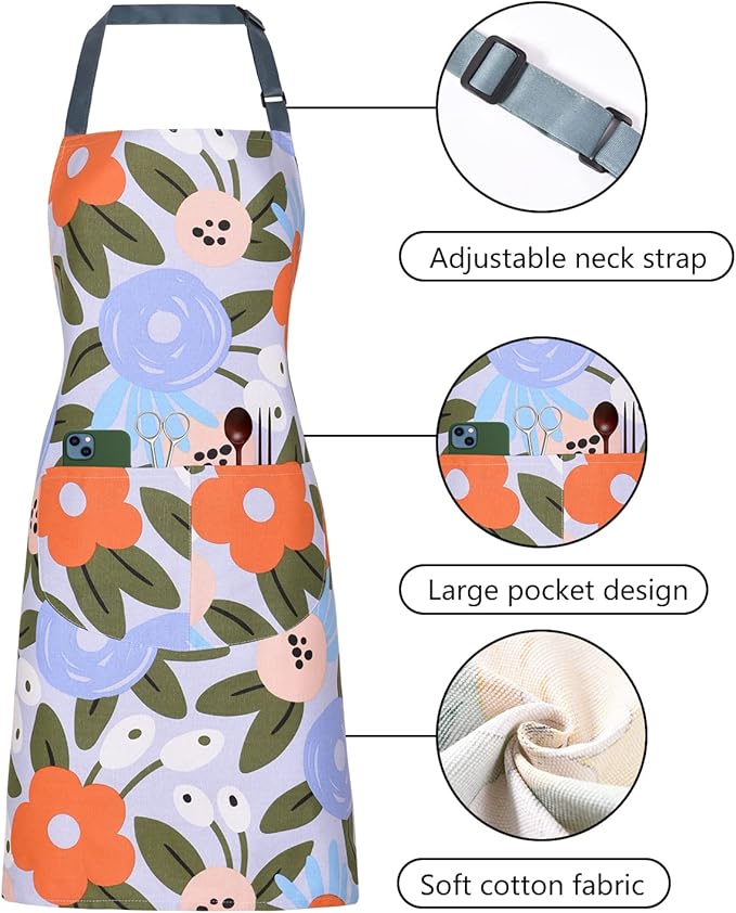 2 Pack Floral Apron for Women with Pockets, Adjustable Cotton Chef Aprons for Kitchen, Cooking, BBQ & Grill