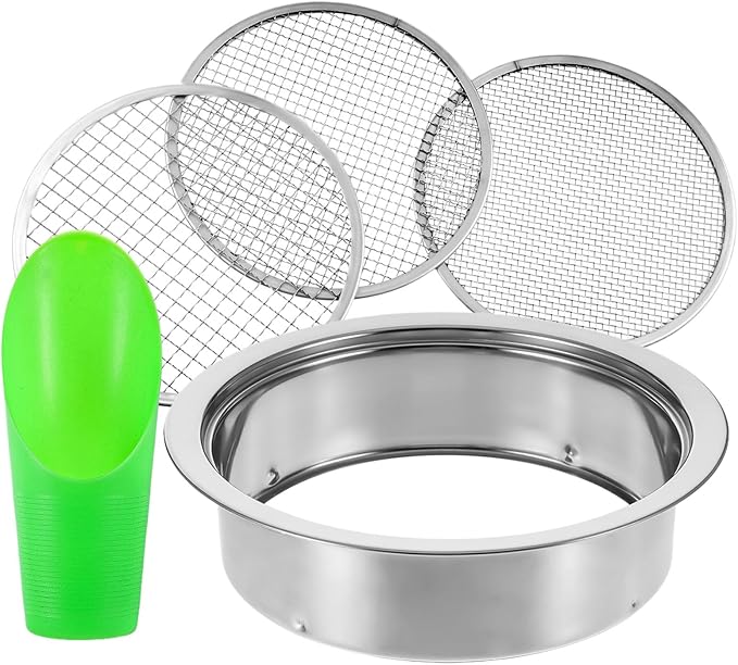 Soil Sieve Sifter Set, Stainless Steel, 3 Interchangeable Mesh Screens (3,6,9mm), Garden Sieve Set, Sifting Screen for Dirt, Sand, Rock, Compost, with Soil Scoops Gardening Tool
