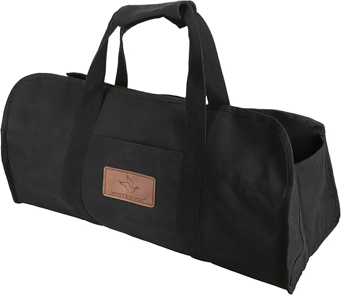 WHITEDUCK TUFF Large Firewood Carrier 21 Oz. Heavy Duty Waxed Canvas Log Carrier Holder for Fireplace, Carrying Wood Indoor & Outdoor (Black, Tote Shape (23"x10"x12"))