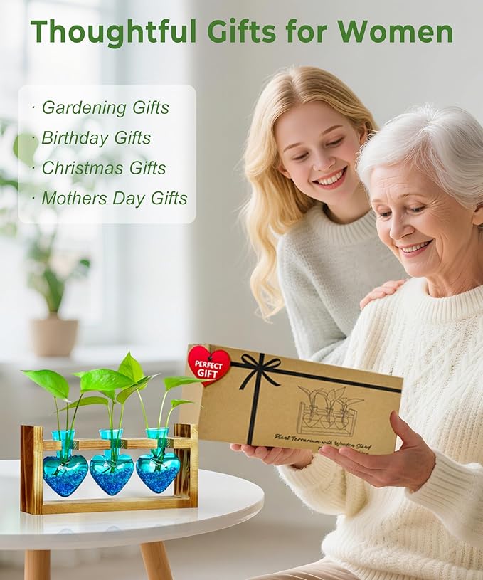 Nacome Plant Terrarium for Office Decor: Birthday Gifts for Plant Lovers Women Mom Wife - Wooden Stand Tabletop Planter 3 Bulb Glass Vase Heart Shaped for Hydroponics Indoor Home