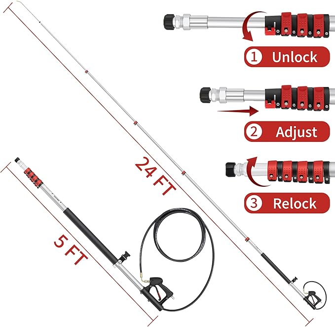 24 FT Gutter Cleaning Tools from The Ground - Telescoping Pressure Washer Wand - Gutter Cleaner Attachment with Power Washer Extension Wands, 7 Spray Nozzle Tips, 3 Hose Adapters and Support Belt