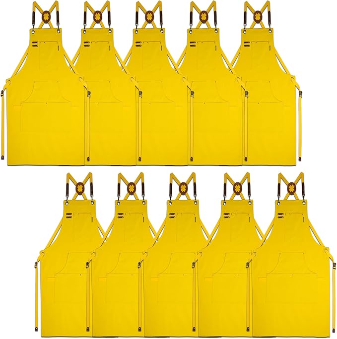 10 Pack Kitchen Aprons, Work Apron, Canvas, Multiple Pockets, Gardening, Painting, BBQ, Artist, Carpenter, Sizes M to XXL, Yellow