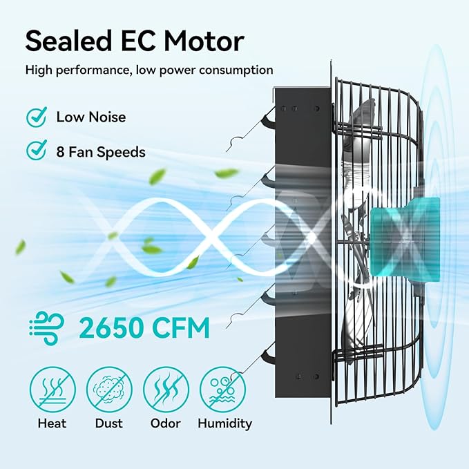 addlon 16 Inch Shutter Exhaust Fan Wall Mounted with EC Motors and Remote Control, Timer, 8 Speeds, 2650CFM, Low Noise, Easy to Install, Plug in Ventilation Fan for Garages, Shops, Greenhouse, Attic