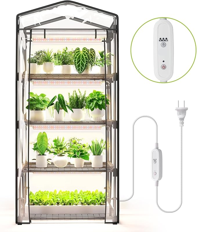 Mini Indoor Greenhouse with Grow Light - 4 Tier Outdoor Portable Greenhouse with Shelves, Waterproof PVC Cover and 4 Dimmable 1.6FT 20W Grow Lights, 26.4"(L) X 19"(W) X 61"(H)