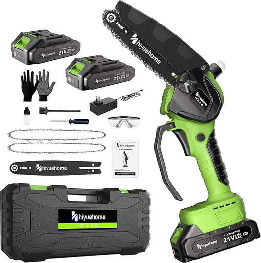 Mini Chainsaw 6inch, Chainsaw Cordless w Automatic Oiler, Handheld Electric Power Chain Saw w Security Lock, Brushless Motor,Power Chain Saws for Wood/Trees Trimming (Green - 2 batteries)