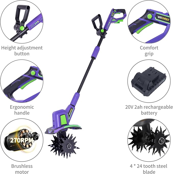20V Cordless Tiller Cultivator,48 Steel Tines Garden Tiller,8.6 inch Wide Battery Powered Garden Cultivator,(2AH Battery and Charger Included)
