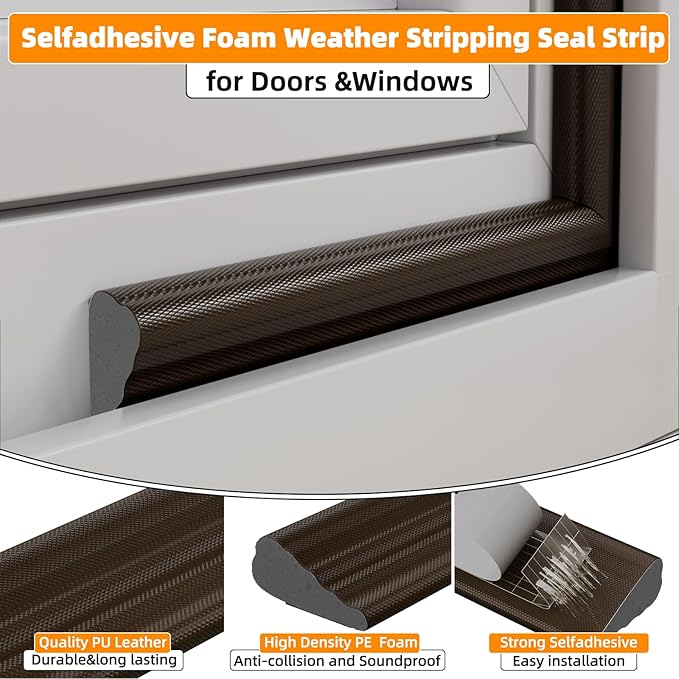 1 Pack*9.8 F Self-Adhesive Wedge Foam Window Weather Stripping Door Seal Strip, Soundproof Exterior Front Door Frame Gap Filler, Draft Stopper Foam Tape Noise Light Blocker (Brown)