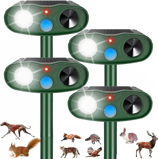 2025 Racoon Squirrel Sonic Fortress Pro Rabbit Repellent Outdoor, Solar Ultrasonic Animal Repeller Deer Deterrent with Motion Sensor&Flash Light to Scare Cat Dog Skunk Out of Garden Farm Yard(4Pack)