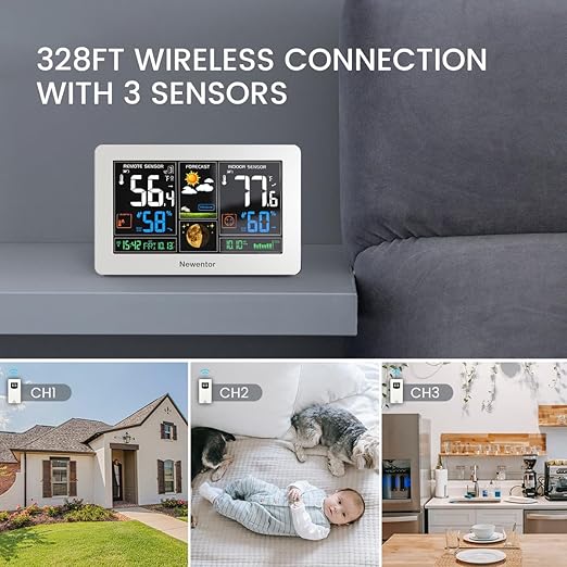 Newentor Weather Station Wireless Indoor Outdoor Thermometer, Color Display Digital Weather Thermometer with Atomic Clock, Barometric Pressure, Forecast Station with Adjustable Backlight,White,3Sensor