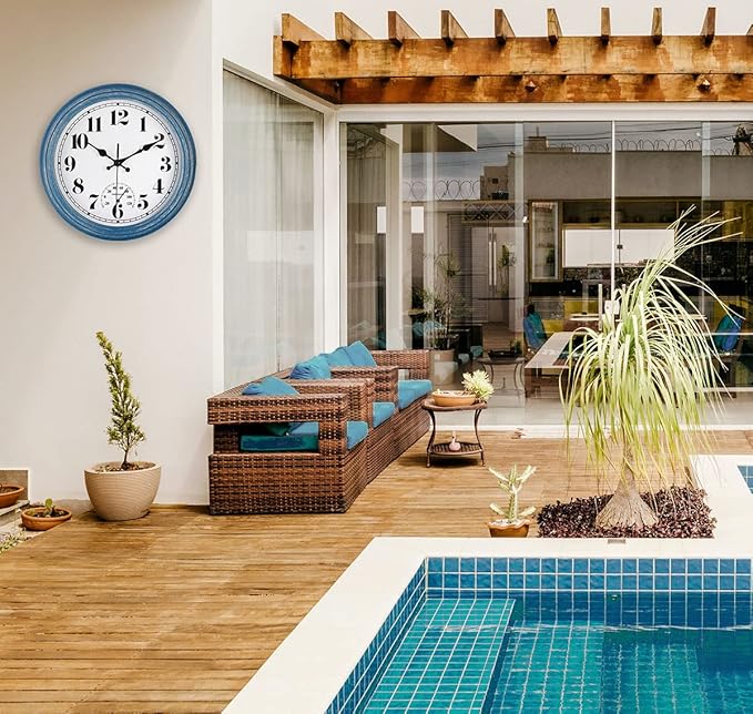 JENLYSTIME 12 Inch Indoor/Outdoor Retro Waterproof Wall Clock with Thermometer Silent Round Quartz Battery Operated Easy to Read Decorative for Kitchen Patio,Bathroom,Deck,Porch,Pool(Blue)