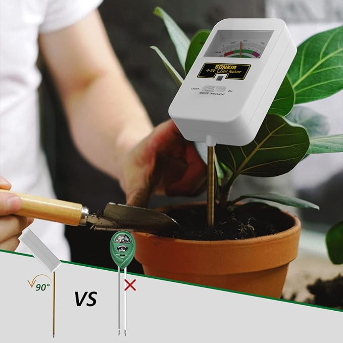 Soil Moisture Meter, 4-in-1 Soil Ph Meter, Soil Tester for Nutrients, Moisture, PH and Light, Soil Ph Test Kits for Plant, Great for Garden, Lawn, Indoor & Outdoor Use (No Battery Required)