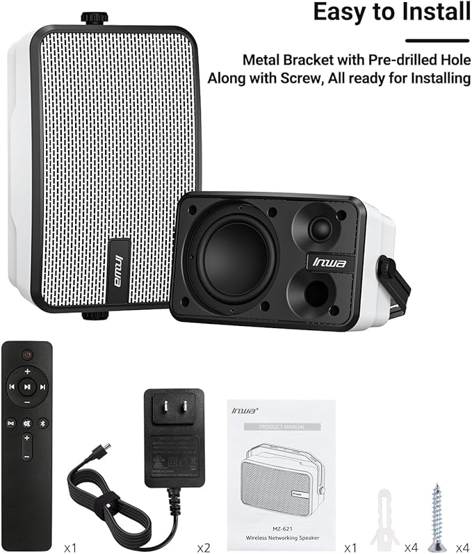 Inwa Outdoor Bluetooth Speakers, IPX5 Waterproof 400W Wall Mount Speaker, Powerful Indoor/Outdoor Sound System, Wireless Sync Up to 100 Speakers, Suitable for Patio/Porch/Gazebo/Garage(MZ-621, Pair)