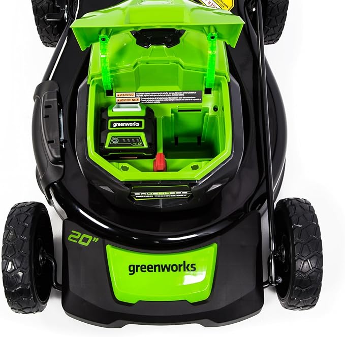 Greenworks 40V 20" Cordless Push Lawn Mower with Axial Leaf Blower(500 CFM / 120 MPH), 12" String Trimmer, 160 PSI Portable Tire Inflator, Includes 2 Batteries(5Ah+2Ah) & Chargers
