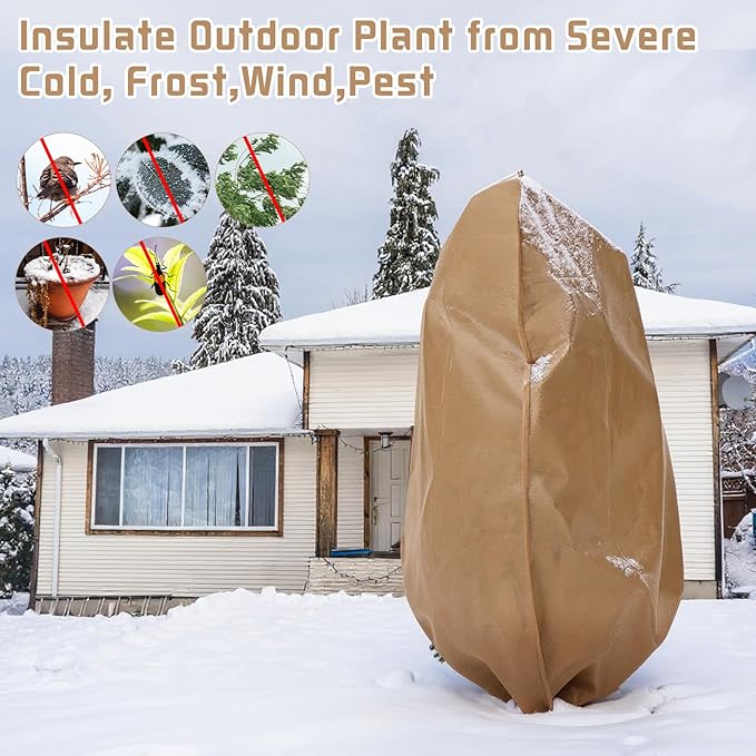 2 Pcs Winter Plant Covers Freeze Protection Reusable Plant Protector Bag with Drawstring Warm Shrubs Cover Frost Protection Planting Jacket Bags for Outdoor Garden, Brown (98.4 x 118.11 Inch)